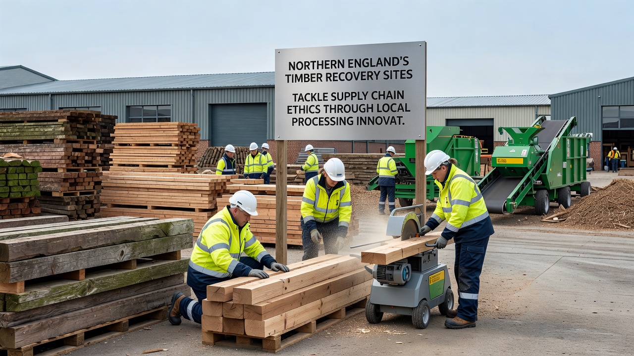 Workers at a Northern England timber site using local processing machinery to sort and mill reclaimed timber